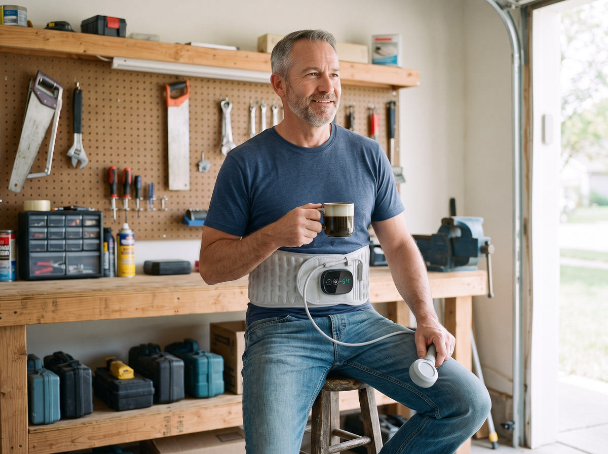 Man taking a coffee break in his garage while wearing the Back Belt