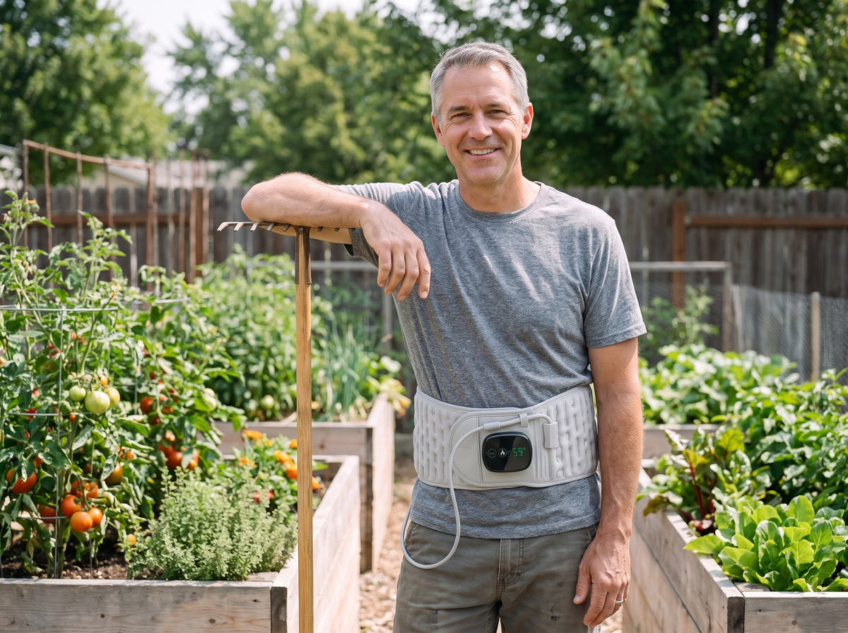 Man in his fifties taking a break in his vegetable garden, wearing the Back Belt