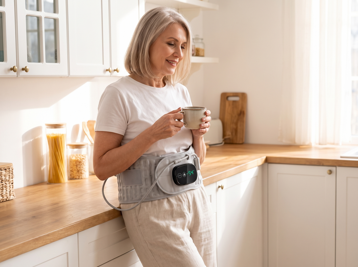 Woman in her sixties with coffee in her kitchen, wearing the Back Belt over a white T-shirt