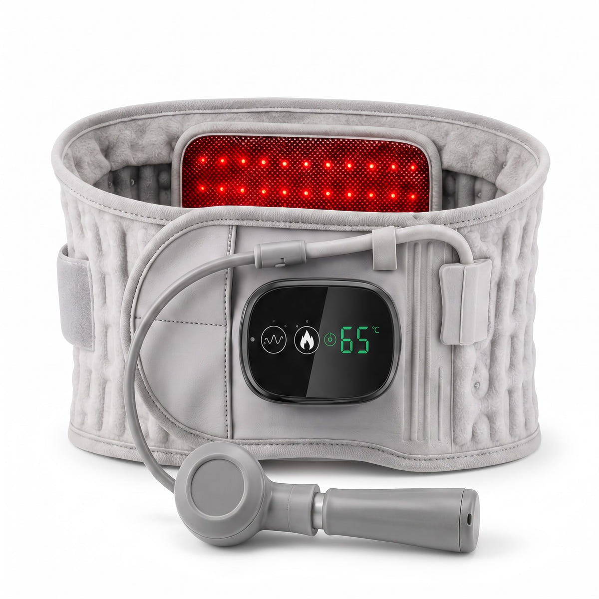 The Back Belt: gray air-column belt with a black display controller, a warming panel and its hand pump