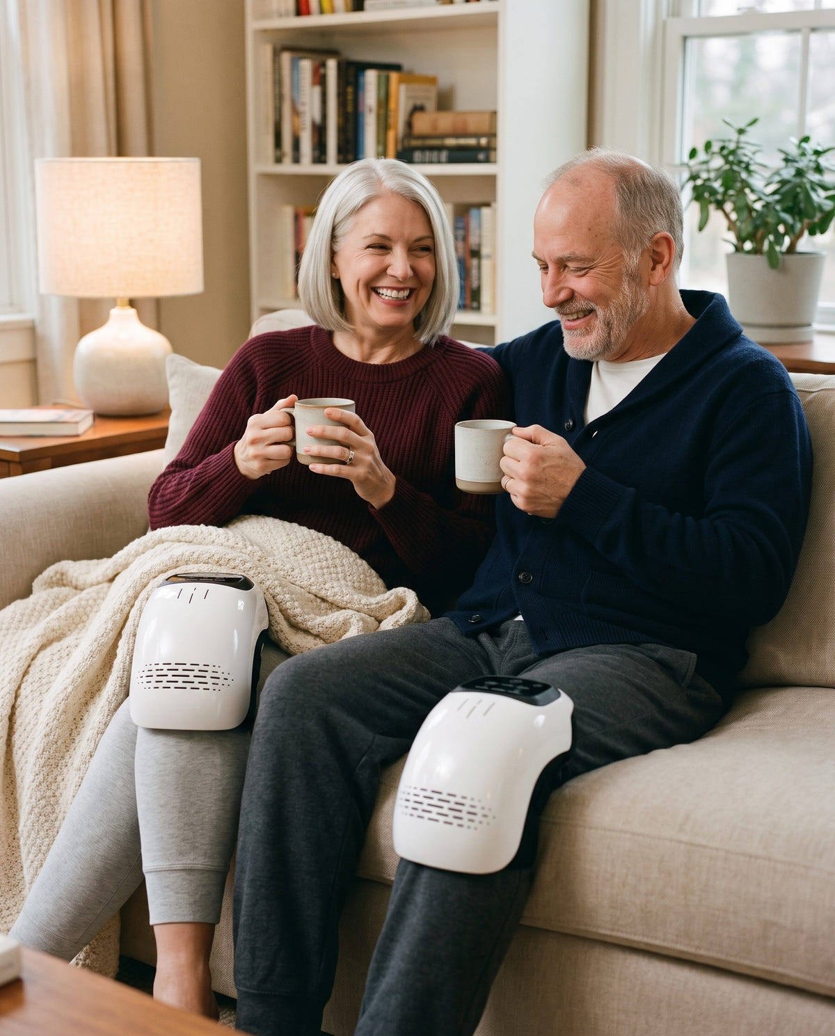 Couple in their sixties sharing tea on the sofa, each wearing a Knee Wrap