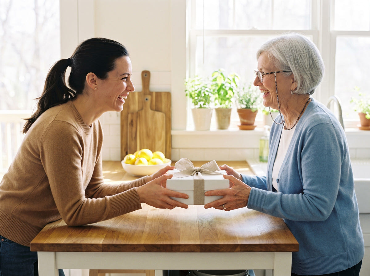 Daughter handing her mother a gift box in the kitchen, both laughing