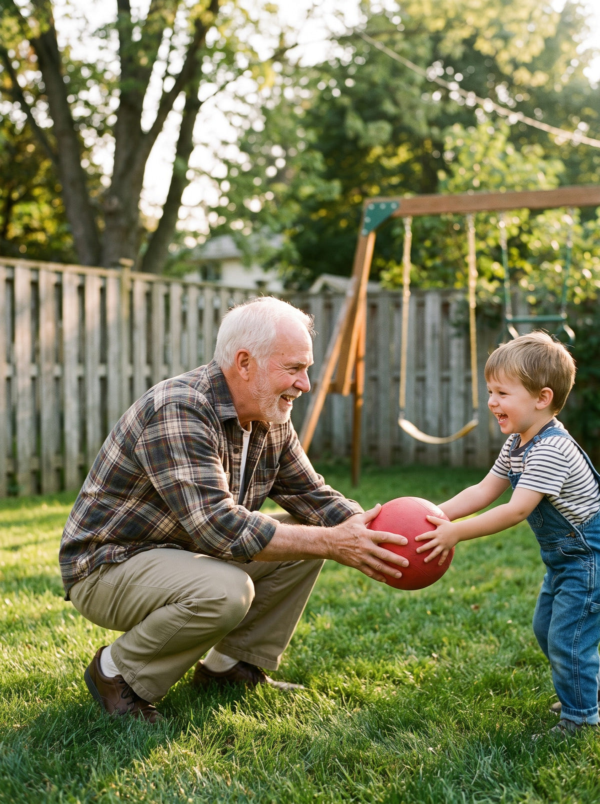 Grandfather crouching in the backyard playing ball with his grandson