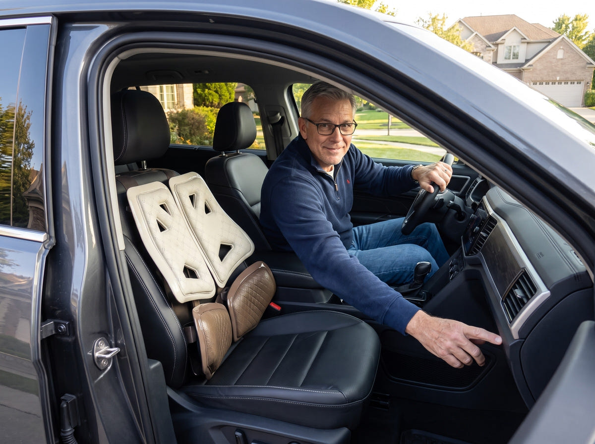 Man in the driver's seat with the two-panel Seat Support behind his back