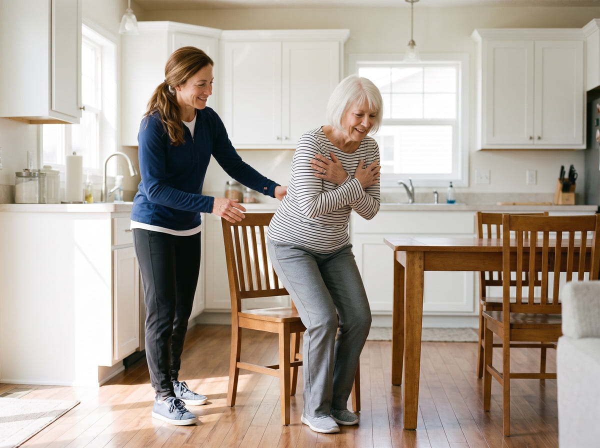 Dr. Anna Whitfield guiding a woman through a sit-to-stand exercise from a kitchen chair