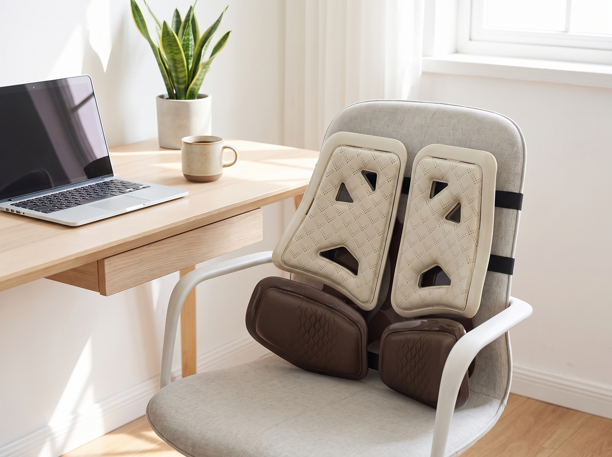 The Seat Support strapped to a light gray office chair at a home desk