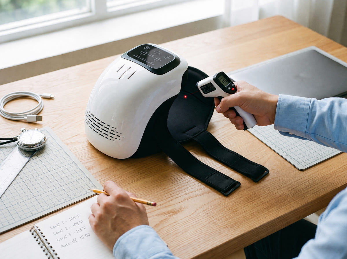 Measuring the Knee Wrap's heat at the skin side with an infrared thermometer, with handwritten notes for each level