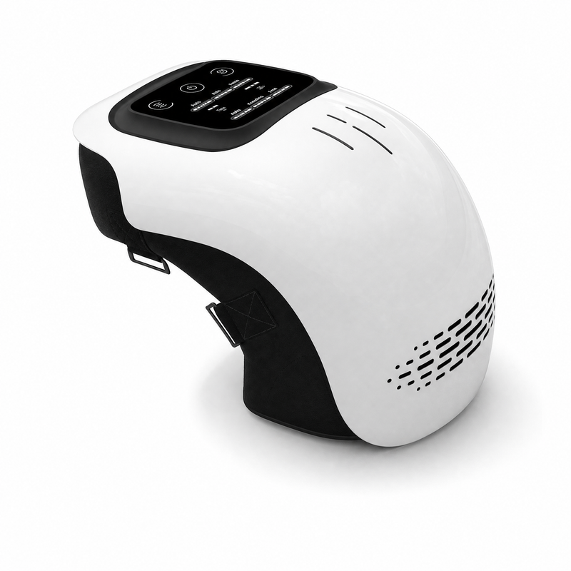 The Knee Wrap from the side: white shell, touch control panel on top and black adjustable straps