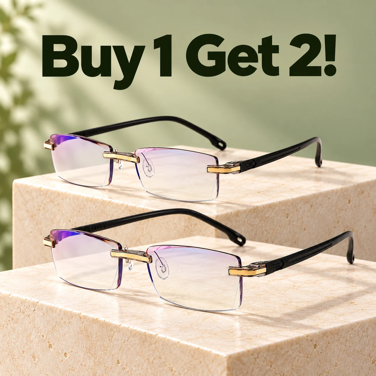 Buy 1 Get 2! Two TR90 rimless glasses with gold-tone details and black temples.
