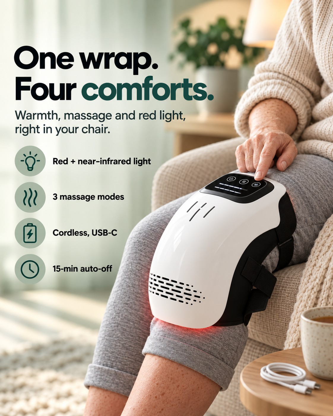 A person wearing the cordless Knee Wrap on a knee. Warmth that stays: cordless comfort for stiff, achy knees, up to 113°F.