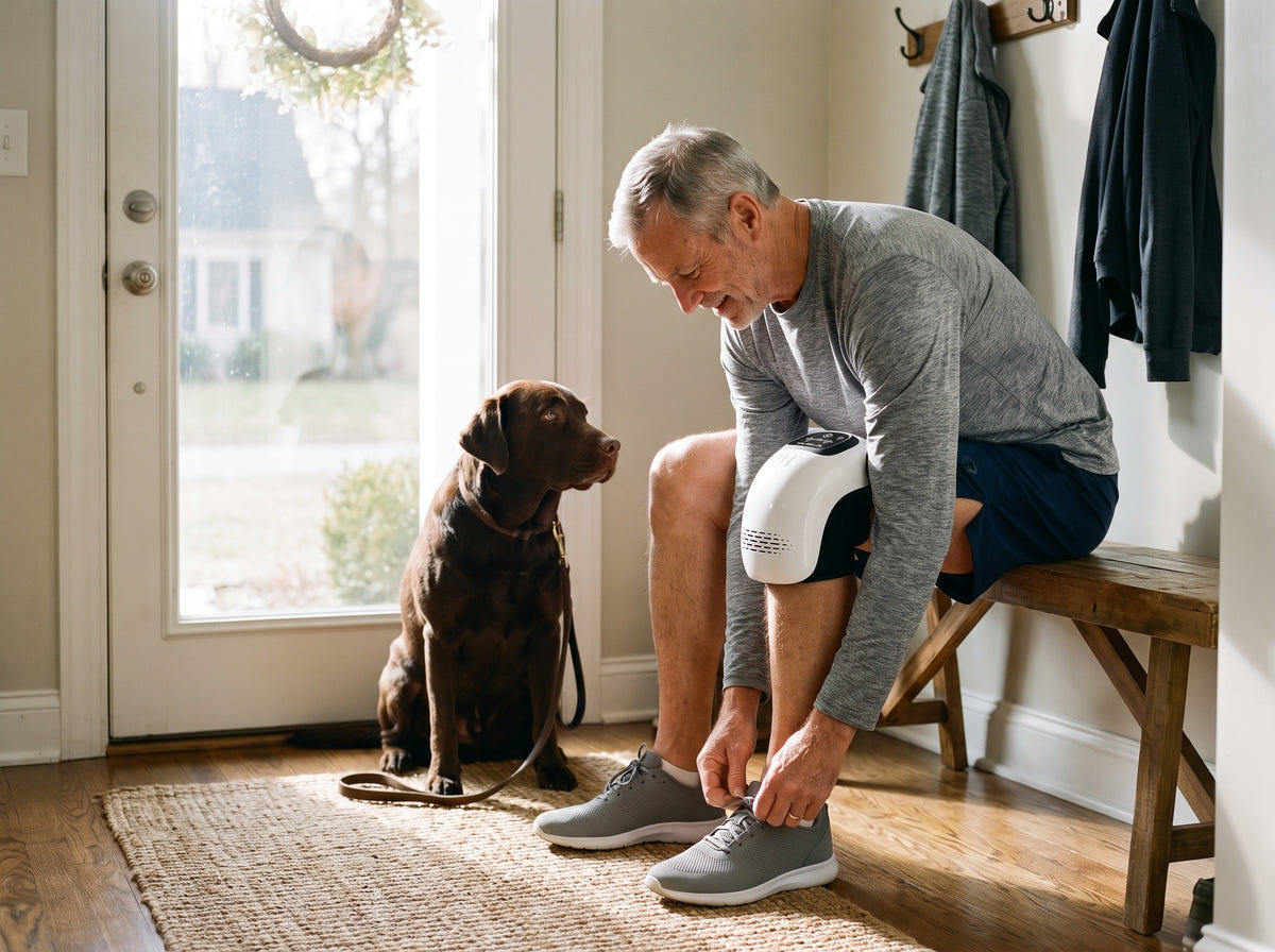 Man tying his sneakers by the front door while wearing the Knee Wrap, his dog waiting
