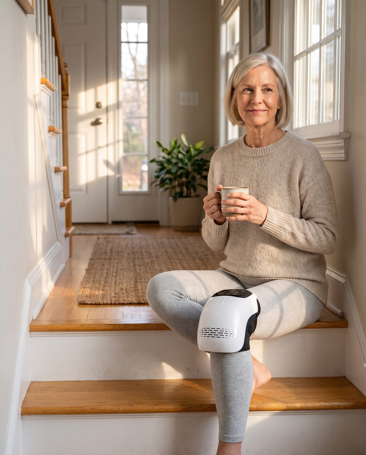 Woman in her sixties sitting on her staircase with morning coffee, wearing the Knee Wrap