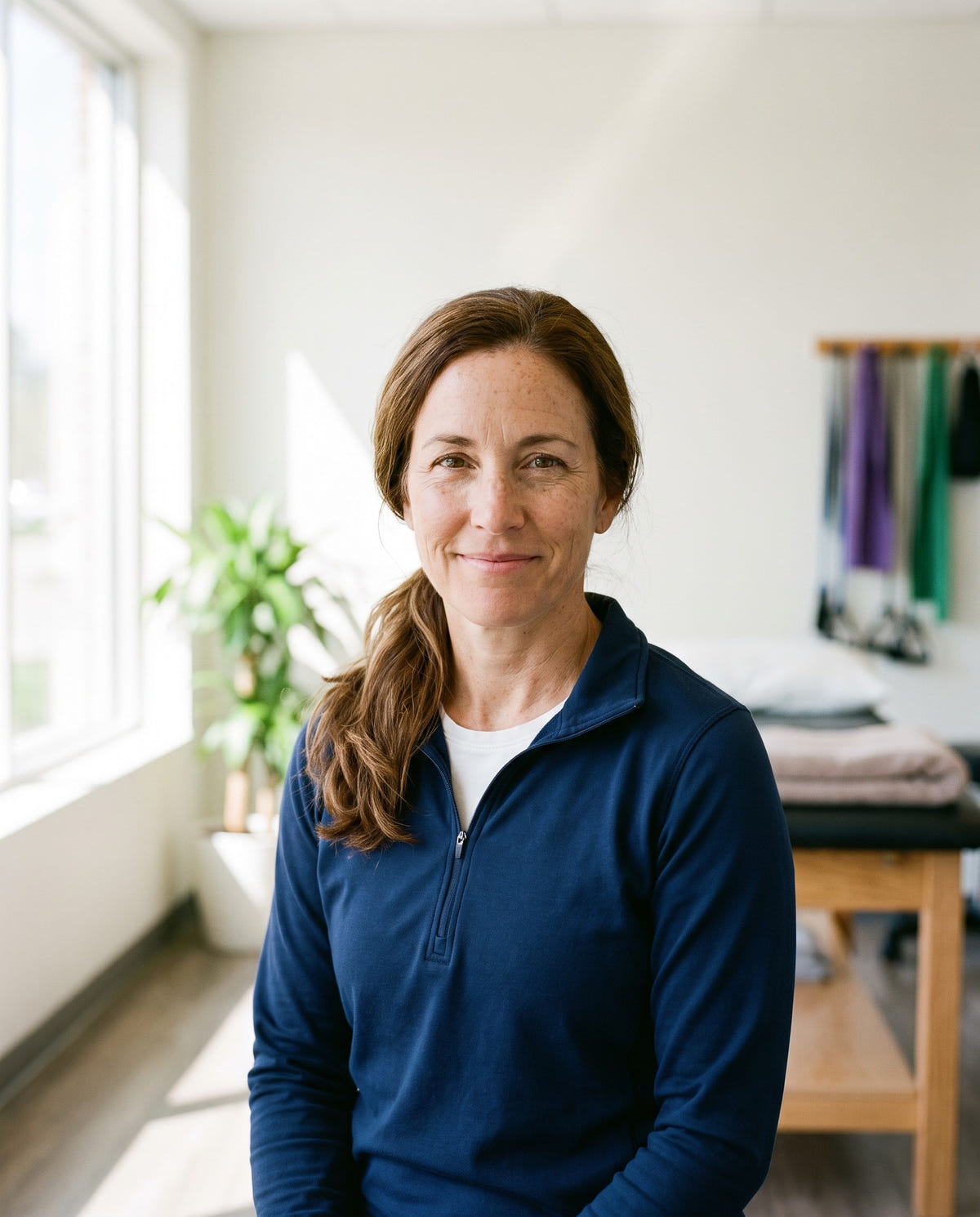 Dr. Anna Whitfield, physical therapist, smiling in a bright clinic