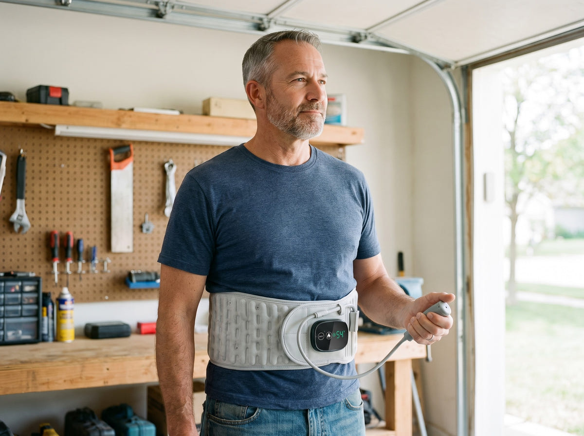 Man in his garage inflating the Back Belt with its hand pump