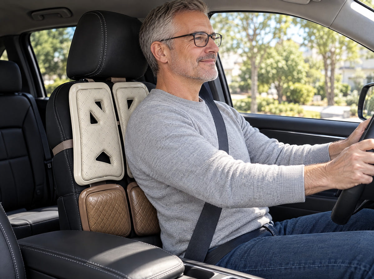 Man driving with the two-panel Seat Support on his car seat