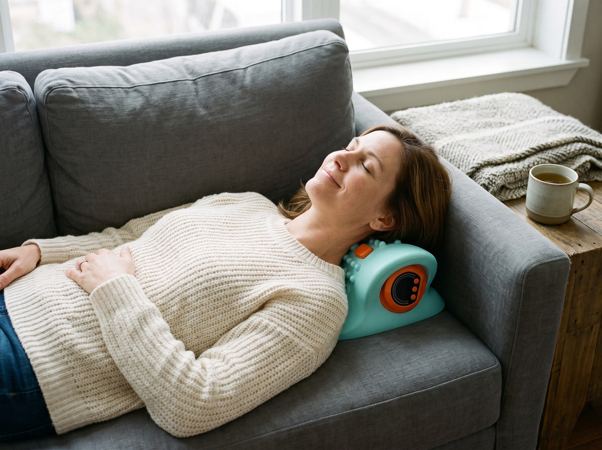 Woman resting on the sofa with the Neck Rest under her neck