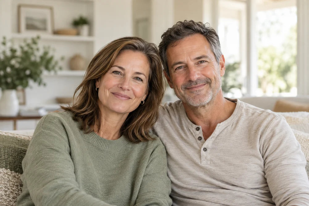 Illustrative portrait of an elderly woman and man in a bright home.
