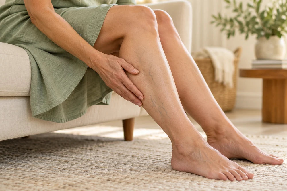 Illustrative close-up of an elderly woman’s legs with subtle superficial veins.